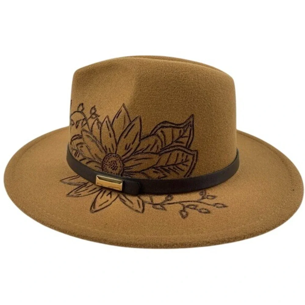 Fedora Hat Burned Sunflower Design Tan Wide-Brimmed Poly/Wool Blend‎ One Size - Picture 5 of 11